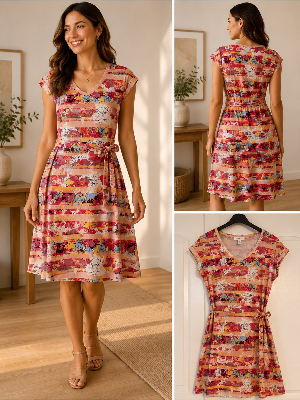 White House Black Market Pink Multi Floral Stripe Tie-Waist Midi Dress